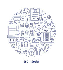 Set icons, ESG social concept. Icons arranged in a circle shape with a heading at the bottom. Vector illustration isolated on a white background.