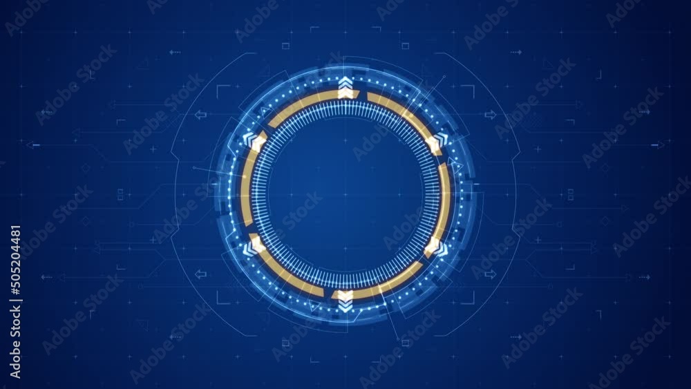 Poster motion graphic of blue circle rotation with head up display ( hud ui ) technology interface and futu