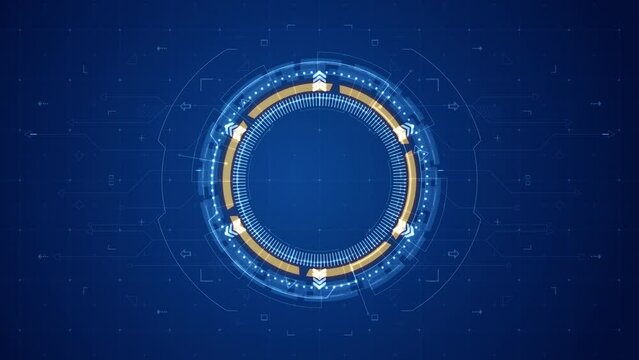 Motion graphic of Blue circle rotation with head up display ( HUD UI ) technology interface and futuristic elements abstract background