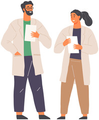 Medical workers talking, researchers woking in laboratory. Scientists with data on paper sheets. Cartoon characters or chemistry students at workplace in lab. Research into scientific project concept