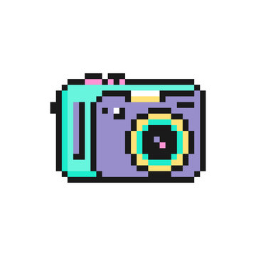 Digital camera icon in pixel art design isolated on white background