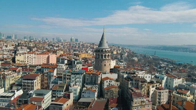 Aerial view of Galata tower, one of the ancient symbols in Istanbul. Bosphorus and Istanbul skyline. Istanbul, Turkey.