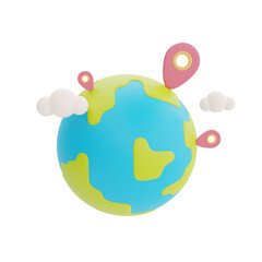 Globe with location pin isolated on light background, holiday vacation, Time to travel, 3d rendering