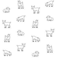 Baby goat - seamless trendy pattern with animal in various poses. Contour vector illustration for prints, clothing, packaging and postcards.