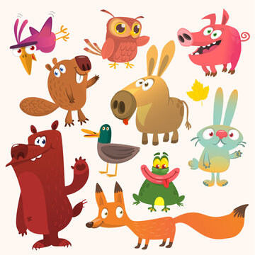 Set of funny animals isolated on white background. Cartoon fox owl  bunny rabbit beaver duck donkey pig frog and bear. Vector illustration isolated