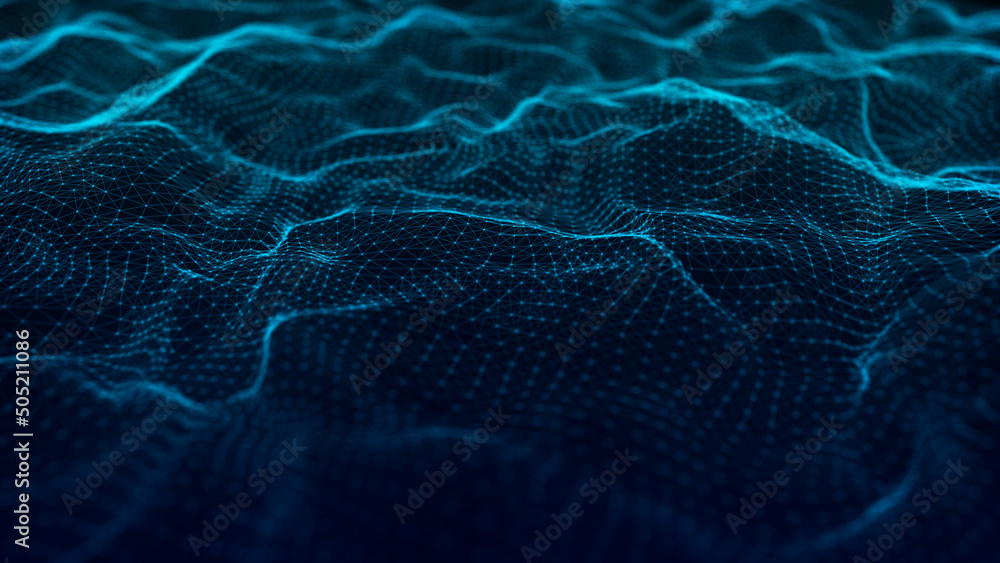 Aufkleber 3d wavy surface grid background. points and lines of connection to the network.technology style illu