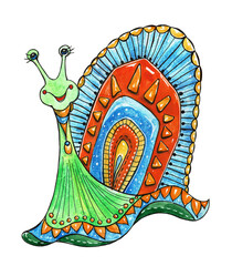 Cheerful snail, cartoon watercolor illustration,. Bright snail on a white background.