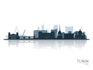 Naklejka premium Turin skyline silhouette with reflection. Landscape Turin, Italy. Vector illustration.