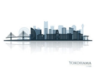 Fototapeta premium Yokohama skyline silhouette with reflection. Landscape Yokohama, Japan. Vector illustration.