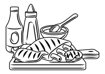 Bbq illustration with grill objects and icons. Stylized kitchen and restaurant items.