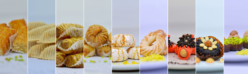 Photo collage of Moroccan sweets. Traditional Moroccan biscuits on a white background