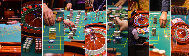 Collage of casino imagery with poker and people cheering.