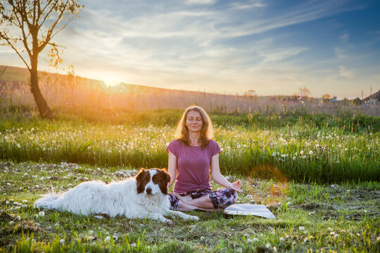 woman doing yoga with dog  at sunset