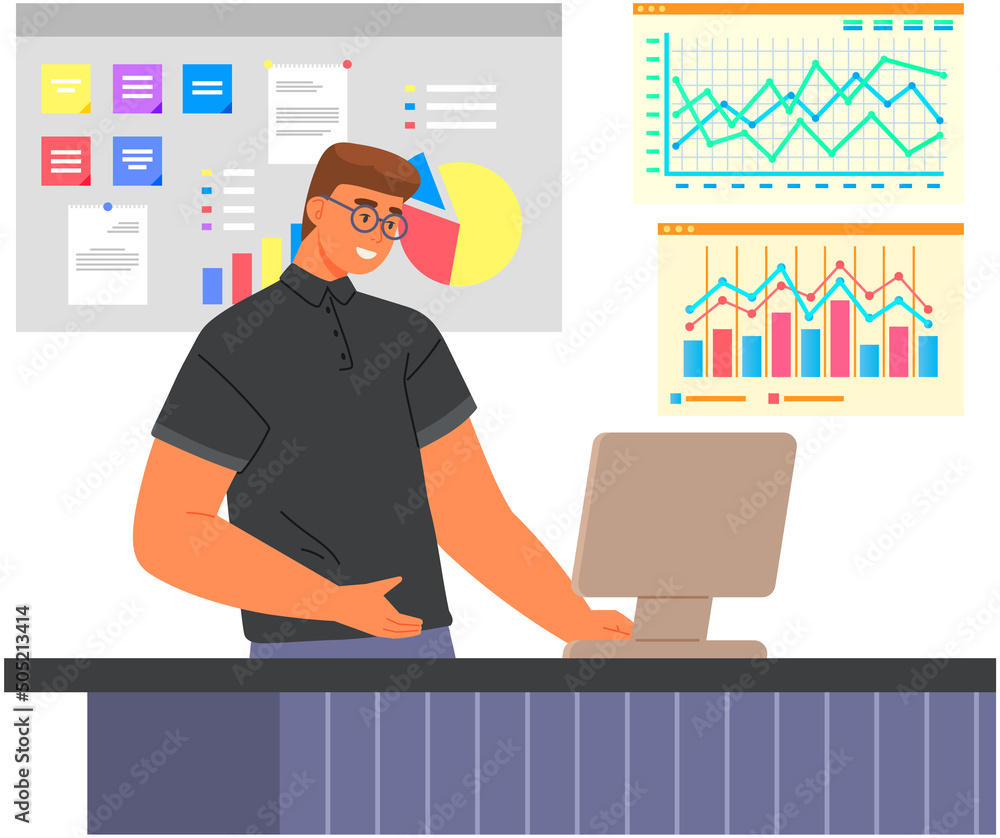 Poster man studies financial business statistics report on computer. business data analysis, financial rese
