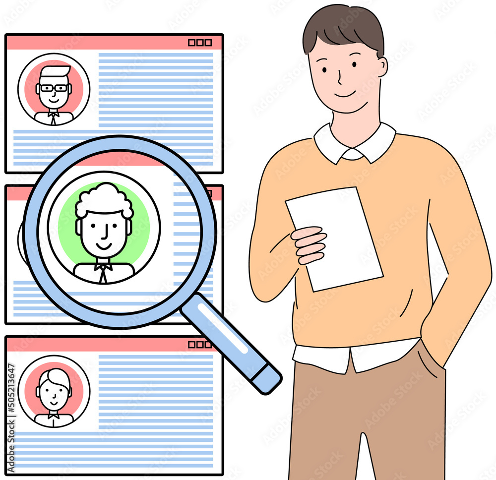 Poster man analysing user profiles in social network or messenger. male character working with list of virt