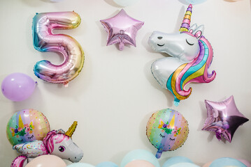 Birthday party decoration with balloons in the style unicorn, rainbow, my little pony. Birthday...