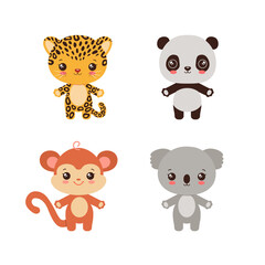 Kawaii animals baby style. Safari wild animal icons. Cute koala. Adorable panda bear. Funny monkey. Sweet leopard or cheetah. Flat design vector illustration for children projects.