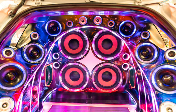 colorful lights of stereo and speakers in car