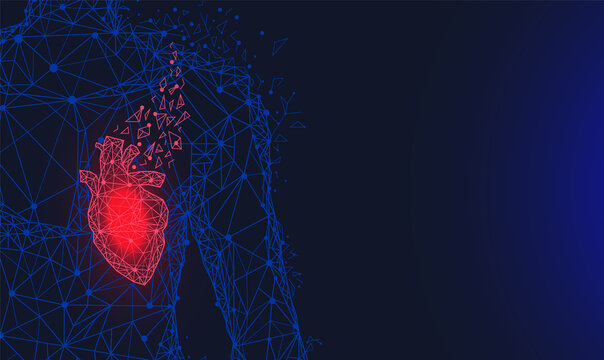 Anatomical human heart with painful area. Innovative technology in medicine, disease diagnostics concept. Organ of human cardiovascular system. Modern depiction of poligonal heart vector illustration