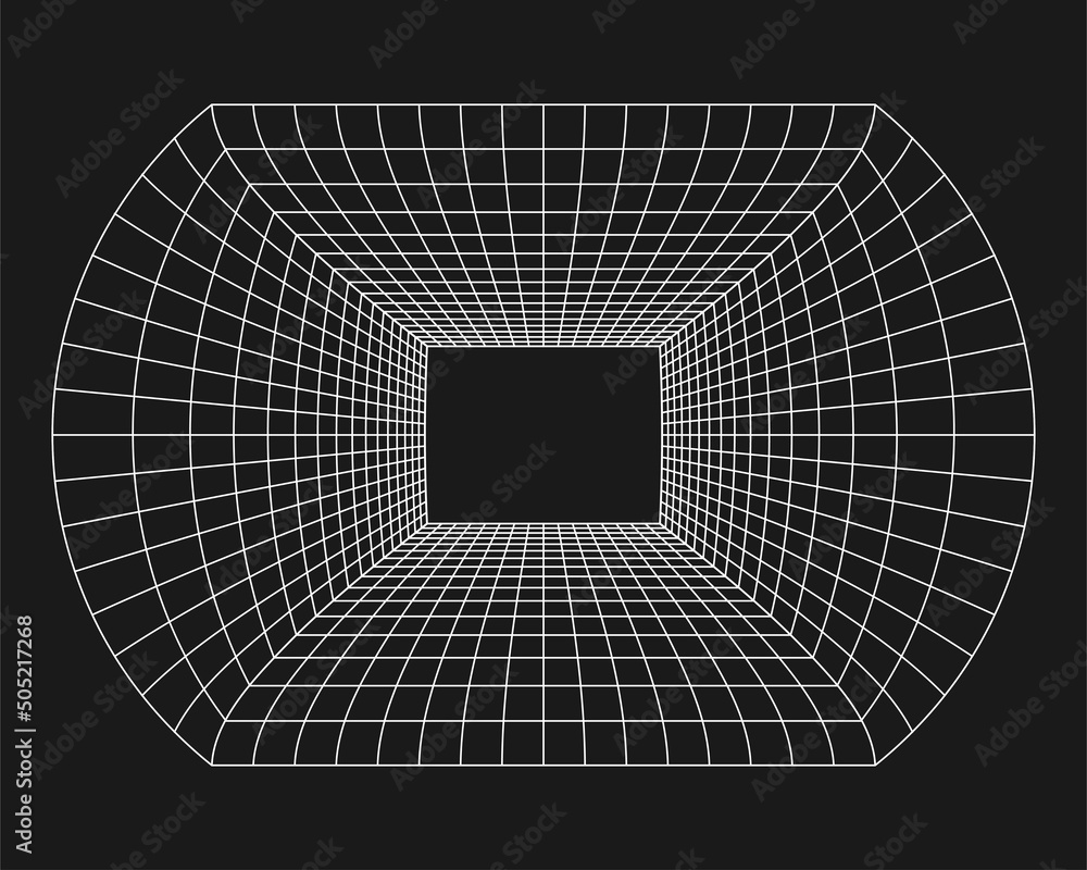 Poster cyber grid, retro punk perspective rectangular tunnel. grid tunnel geometry on black background. vec