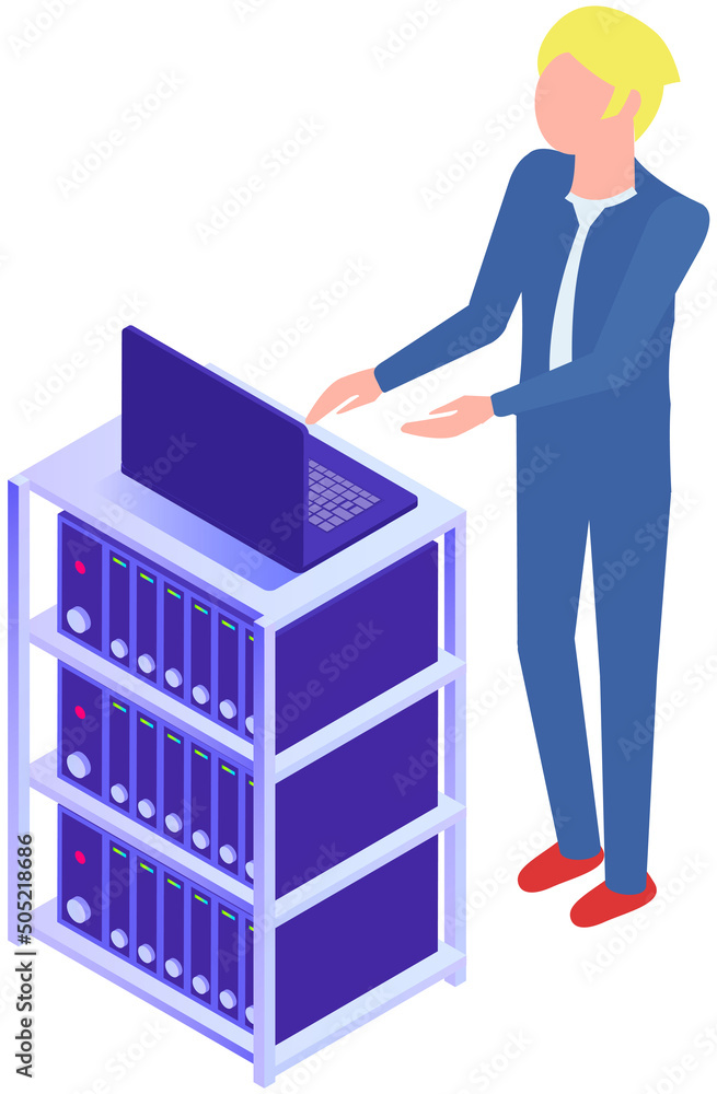 Poster man using computer for work or chat. internet communication concept, businessman workplace. person s