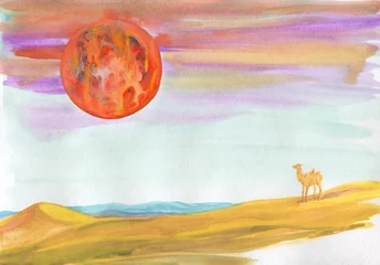 Rolgordijnen desert landscape. red sun. watercolor illustration © Anna Ismagilova