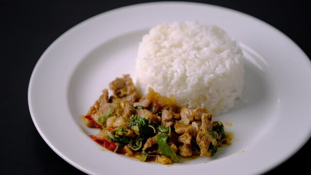 stir-fried beef with holy basil and chili and rice