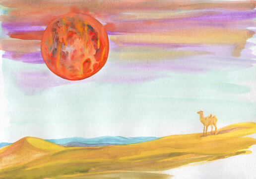 desert landscape. red sun. watercolor illustration