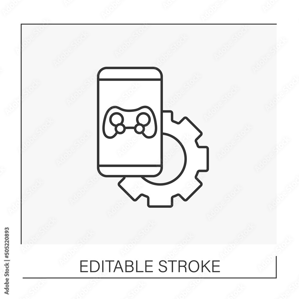 Aufkleber game developer line icon. create gaming code, software by smartphones.online professions concept. is