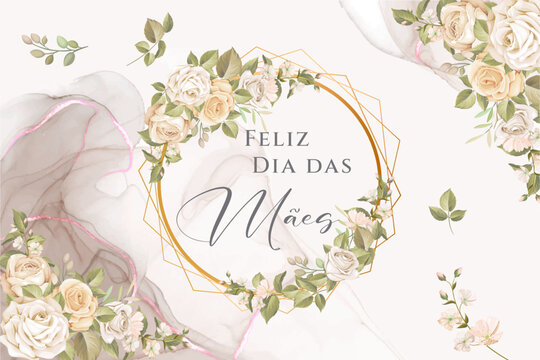 cartão ou banner para o dia das mães em cinza em um círculo com rosas em um fundo gradiente roxo e rosa e as mesmas flores brancas ao redor