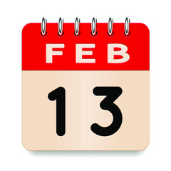 13 day of the month. February. Flip old formal calendar. 3d daily icon. Date. Week Sunday, Monday, Tuesday, Wednesday, Thursday, Friday, Saturday. Cut paper. White background. Vector illustration.