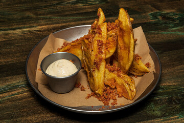 Fried potato wedges with toasted bacon on top and served with mayonnaise sauce served on absorbent baking paper and metal plate