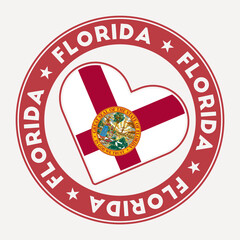 Florida heart flag badge. From Florida with love logo. Support the us state flag stamp. Vector illustration.
