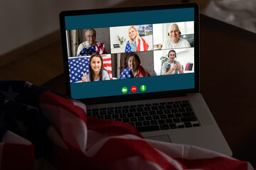 Fototapeta na wymiar laptop with video chat, flag of the usa