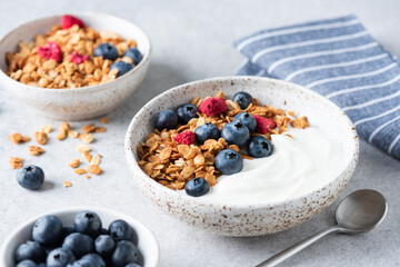Yogurt bowl with granola and blueberries. Healthy breakfast or snack, rich in protein, fiber and...