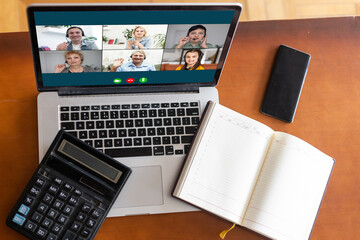 Laptop screen webcam view different ethnicity and age people engaged in group videocall. Video conference. Modern technology, easy convenient on-line meeting concept