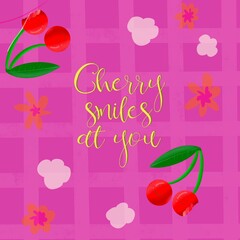 smiling cherry.  greeting card with joy pink