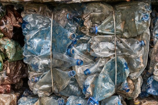 Plastic bottles in bales for waste recycling