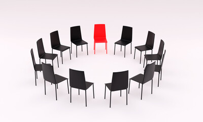 3d illustration, a set of black chairs placed in a circle and a red one, light background, business concept, an opinion stands out and prevails, 3d rendering