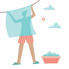 Concept of drying clothes. Woman hanging wet clothes on a clothesline to dry. Laundry workers, maids. Home people activity. Flat hand drawn illustration.