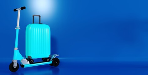 Travel blue suitcase on the turquoise background. Palm tree, travel concept. 3D Rendering.
