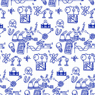 Nuclear physics. Scientific knowledge, formulas. Vintage education and scientific seamless pattern.  Vector hand-drawn illustration on workbook page.