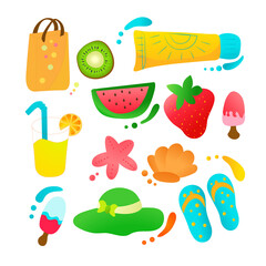 Summer picture on a white background. Kiwifruit, sunscreen, ice cream, beach bag, summer flip-flops, tusks, juice, shells, sun hat, drops watermelon