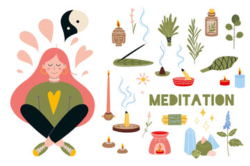 Woman meditating with croosed legs. Meditation practice set. Concept of zen and harmony, relax, recreation, healthy lifestyle. Vector illustration in flat cartoon style. - obrazy, fototapety, plakaty