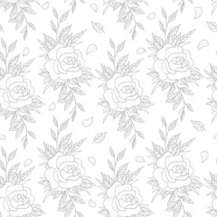 Background with hand drawn rose flowers on white. Can be used for wallpaper, pattern fills, textile, web page background, surface textures.