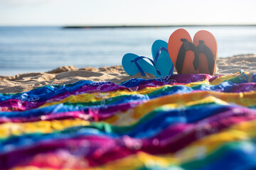 Flip-flops and colorful sarongs on the sand of a sunny beach