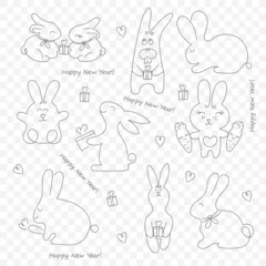 Set of various funny rabbits on a transparent background. Symbol of the new year. Line outline style. Vector illustration. - 505234875