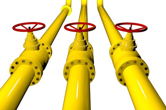 Gas Pipes Of Yellow Light. Gasification Pipeline. Gasification Of Industrial Enterprise. Boiler Station Of Gas Processing Factory. Gas Pipes With Many Taps And Connections. Pressure Reducing Valves