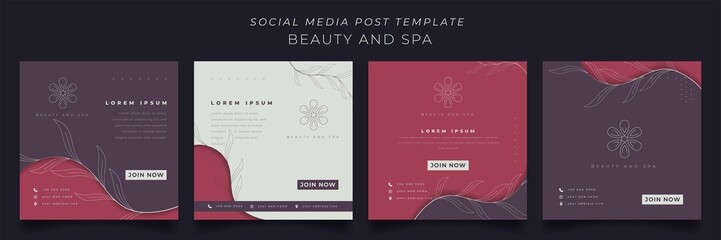 Set of social media post template in feminine square background design for beauty and spa