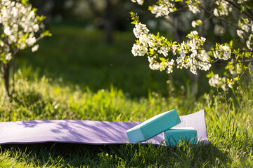 yoga mat on a green lawn. Bright colors. Front view. Concept fitness outside, sport, healthy lifestyle, quarantine, home gym. Sunny day. Copy space. Nobody - obrazy, fototapety, plakaty